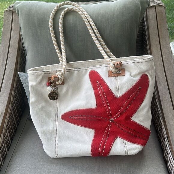 BRIGHTON RARE RED & WHITE STARFISH HARBOR TOTE NAUTICAL SHOULDER BEACH BAG - Picture 1 of 10